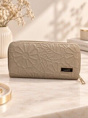 Lany Textured Floral Zip Wallet - Beige - NWOT